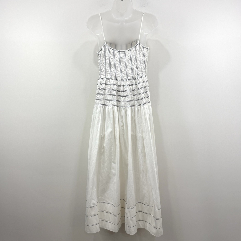 Saylor Adalene Midi Dress L Pinstripe Euro Summer Chic Beachy Smocked Clean Girl - Picture 11 of 13